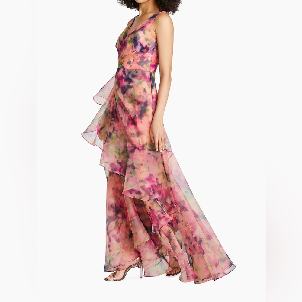 Theia Raisa Floral Organza V-Neck Gown